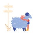 Happy Boy Character Hugging Cute Sheep in Farm Zoo. Care of Pets, Excursion to Ranch or Village Farmyard