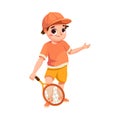 Happy Boy Character Play Tennis Do Sport and Physical Body Training Vector Illustration Royalty Free Stock Photo