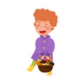 Happy Boy Character in Rubber Boots and Raincoat Picking Mushrooms in the Forest Vector Illustration Royalty Free Stock Photo