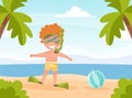 Happy Boy Character at Sea with Flipper and Snorkeling Tube Enjoy Beach Vacation Vector Illustration