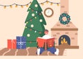 Happy Boy Character Sitting at Burning Fire Place and Decorated Fir Tree Reading Book. Kid Reading Fairy Tale Stories Royalty Free Stock Photo