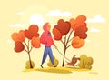 Happy boy with dog in an autumn park. Trend colors. Vector illustration in cartoon flat style. Autumn background - Royalty Free Stock Photo