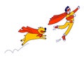 Happy Boy and Dog Superhero Characters Flying. Kid Super Hero in Red Cloak and Glasses Ready to Win Royalty Free Stock Photo