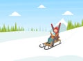 Happy Boy Dressed in Warm Clothing Sledding on Slope, Winter Sports Outdoor Activity Vector Illustration