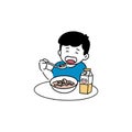 Happy boy eating cereal, breakfast concept, hand-drawn line art style vector illustration
