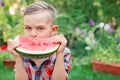 Happy boy eating watermelon in the garden. Kids eat fruit outdoors. Healthy snack for children Royalty Free Stock Photo