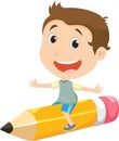 Happy boy flying on a pencil