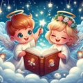 Happy boy girl angels reading book in clouds magic start wand Royalty Free Stock Photo