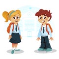 Happy Boy and Girl with Backpack in front of School Building Royalty Free Stock Photo