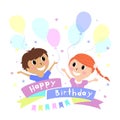 Happy boy and girl with balloons, birthday greetings, cartoon design Royalty Free Stock Photo