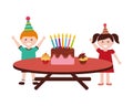 Happy boy and girl birthday cake on table Royalty Free Stock Photo
