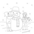 Kids Building a Snowman. Coloring Page Cartoon Vector