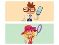 Happy boy and girl cards child young kids dressed like grown man and woman character vector illustration