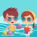 Happy Boy and Girl Character Wear Goggles and Playing Ball in Water for Pool Party in Summer