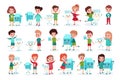 Happy Boy and Girl Characters Playing with Humanized Milk Carton and Glass Vector Illustration Set