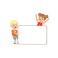 Happy boy and girl characters with white empty message board, kids standing with placard vector Illustration Royalty Free Stock Photo