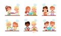 Happy Boy and Girl Chef Characters Wearing Apron and Hat Cooking Pizza and Boiling Soup Together Vector Set