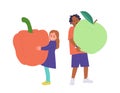 Happy boy and girl children cartoon characters holding fresh ripe green apple and sweet red pepper Royalty Free Stock Photo