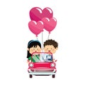 Happy boy and girl in a classic car with heart balloons, colorful design