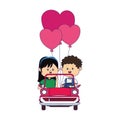 Happy boy and girl in a classic car with heart balloons