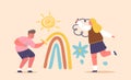Happy Boy And Girl Drawing Sun, Rainbow And Clouds On Wall. Children Characters Painting, Vector Illustration Royalty Free Stock Photo