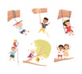 Happy Boy and Girl Hanging on Tree Branch Having Fun Enjoying Summer Vector Illustration Set Royalty Free Stock Photo