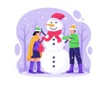 Happy boy and girl kids building a snowman together in winter outdoors. Children make a snowman. Vector illustration