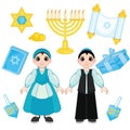 Happy boy and girl in national costumes are celebrating Hanukkah.Traditional Hanukkah collection