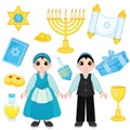 Happy boy and girl in national costumes are celebrating Hanukkah.Traditional Hanukkah collection