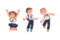 Happy Boy and Girl Pupil in Uniform with Tie and Backpack Jumping with Joy Excited About Back to School Vector Set Royalty Free Stock Photo