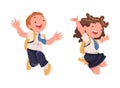 Happy Boy and Girl Pupil in Uniform with Tie and Backpack Jumping with Joy Excited About Back to School Vector Set Royalty Free Stock Photo