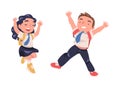 Happy Boy and Girl Pupil in Uniform with Tie and Backpack Jumping with Joy Excited About Back to School Vector Set Royalty Free Stock Photo