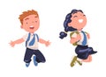 Happy Boy and Girl Pupil in Uniform with Tie and Backpack Jumping with Joy Excited About Back to School Vector Set Royalty Free Stock Photo