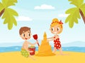 Happy Boy and Girl at Summer Building Sand Castle on Sea Shore Vector Illustration Royalty Free Stock Photo