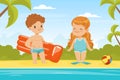 Happy Boy and Girl in Swimwear at Sea Shore with Ball and Inflatable Raft Enjoying Summer Camp Activity Vector