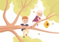 Happy Boy and Girl on Tree Branch Near Beehive Having Fun Enjoying Summer Vector Illustration