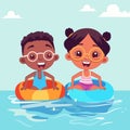 Happy Boy and Girl Wear Goggles and Swimming, Inflatable Ring in Water for Pool Party in Summer