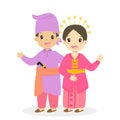 Boy and Girl Wearing Indonesian, Riau Traditional Dress Cartoon Vector Royalty Free Stock Photo