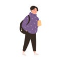 Happy boy go to school and carrying book or tablet. Portrait of smiling schoolboy with backpack. Flat vector cartoon