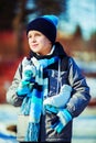 Happy boy going ice skating Royalty Free Stock Photo