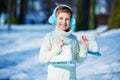 Happy boy going ice skating Royalty Free Stock Photo