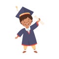 Happy Boy Graduating Wear Blue Gown and Graduation Cap Hold Diploma Vector Illustration