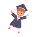 Happy Boy Graduating Wear Blue Gown and Graduation Cap Hold Diploma Vector Illustration