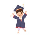 Happy Boy Graduating Wear Blue Gown and Graduation Cap Hold Diploma Vector Illustration