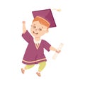 Happy Boy Graduating Wear Purple Gown and Graduation Cap Hold Diploma Vector Illustration