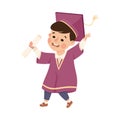 Happy Boy Graduating Wear Purple Gown and Graduation Cap Hold Diploma Vector Illustration