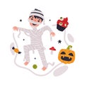 Happy Boy at Halloween Party Standing in Mummy Costume with Pumpkin Vector Illustration