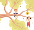 Happy Boy Hanging on Tree Branch Near Beehive Having Fun Enjoying Summer Vector Illustration