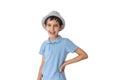 Happy boy in hat and t-shirt. Isolated over white background. Schoolboy. Teenager.