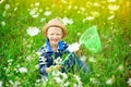 A happy boy in a hat walks through a field with flowers and catches butterflies with a net, happy childhood, children`s lifestyle Royalty Free Stock Photo